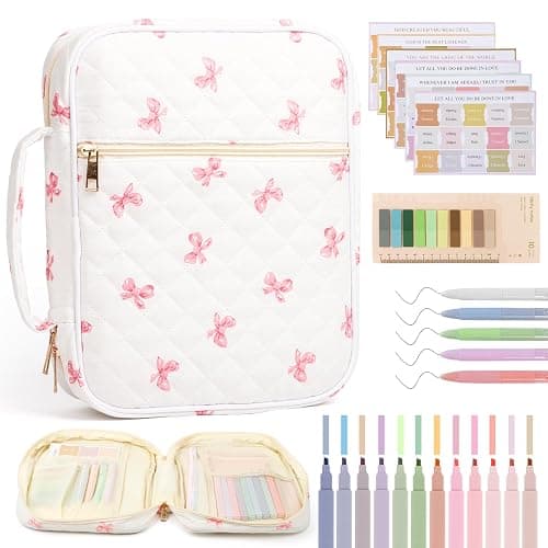 KOUDGY Bible Cover Case for Women Large Quilted Bible Carrying Bag with Handles Bible Study Supplies & Accessories Christian Gifts for Women(Pink Bow, M) - Image 1