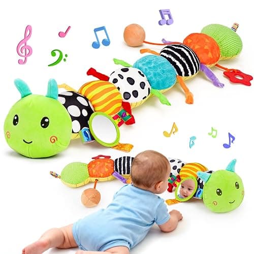 Baby Sensory Toy 0-6 Month Music Animal Stuffed Plush Caterpillar Toy for Infant 0-3-6-12 Month Old Tummy Time with Mirror Crinkle Rattle Toys for Newborn Boys Girl Shower Gifts Easter Basket Stuffer - Image 1