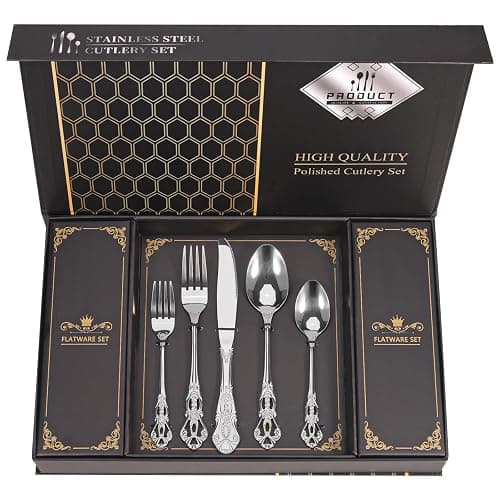 Retro Royal Silverware Set With Gift Box, 60-Pieces Cutlery Set Utensils Stainless Steel Flatware For 12 MIKIWAY Kitchen Tableware Set For Gifts Festive, Dishwasher Safe, Mirror Polishing - Image 1