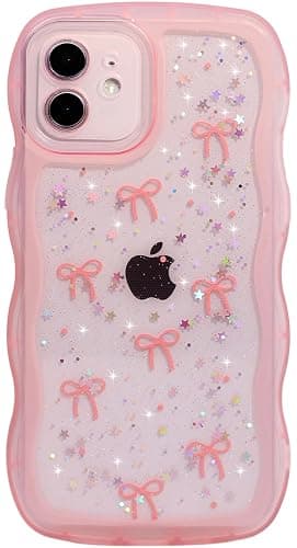 Qokey for iPhone 12 Mini Case 5.4" Curly Wave Edge Design Transparent Bling Glitter Star Shiny Cute Clear Full Protection Soft TPU Shockproof Phone Cover for Women Girls,Holographic Pink Bow - Image 1