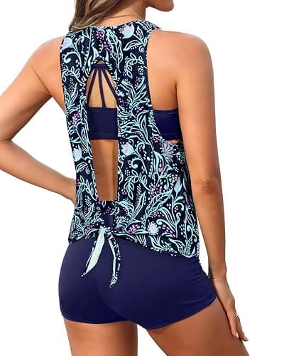 Aqua Eve 3 Piece Tankini Swimsuit for Women Tank Bathing Suit with Shorts Open Back Athletic Swimwear - Large - Navy Flower - Image 1