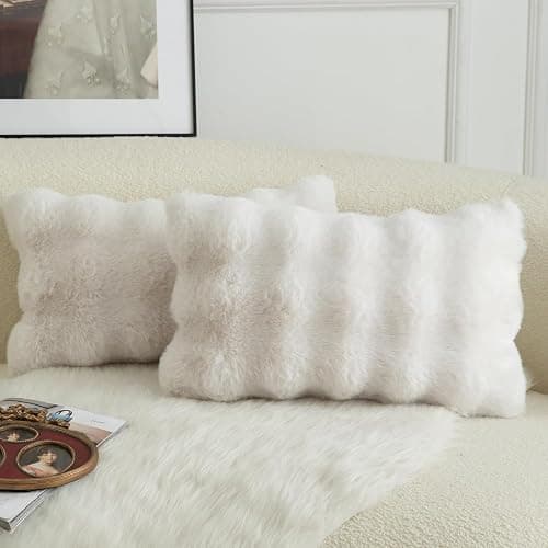Mandioo Pack of 2 Thick Plush Wool Decorative Throw Pillow Covers Super Soft Wave Bubble Fur Velvet Cushion Covers Pillow Shams for Couch Bed Living Room 12x20 Inch Cream White - Image 1