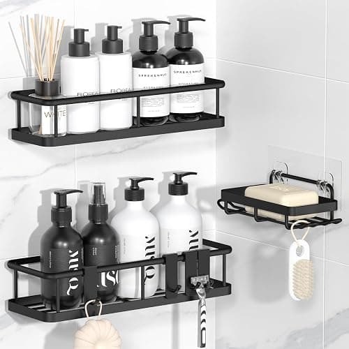 YASONIC Shower Caddy Adhesive, No Drill Bathroom Shower Organizers, with Removable Hooks and Soap Holder, Rust Proof Shower Shelves, Wall-Mounted Shower Holder, 3 Pack, Black - Image 1