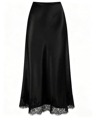 VividMosaic Lace Trim Satin Midi Skirt High Waisted Long Skirt for Women | Hidden Elastic Waistband, Lace Patchwork, A-Line, Flowy Hem, Elegant Casual Outfits, 2026 Fall Winter Trendy - Image 1