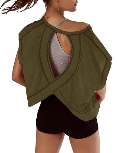 Kumufenc Women Short Sleeve Workout Shirts Open Back Tops Casual Yoga Y2k Athletic Gym Slouchy Crop Running Tees - Image 1