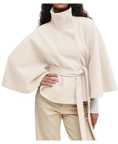 OPCAKM Women's Batwing Sleeve Poncho Coat Oversized Winter Pea Coat Stand Collar Cropped Cape Jacket with Belt - Image 1
