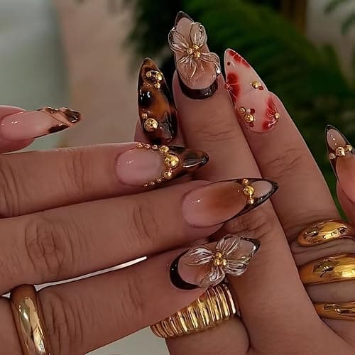HOSAILY Medium Almond 3D Brown Gold Flower Press on Nails- Tortoiseshell Leopard French Tip Blossom Gradient Design,24Pcs Handmade Fall/Autumn/New Year Glue on Acrylic Fake Nail Press ons for Women - Image 1