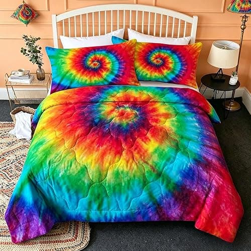 BlessLiving Queen Comforter Set, Colorful Tie Dye Bedding, 3 Pieces | Rainbow Tie‑dye Swirl Soft Durable Breathable Bed Set with 2 Pillow Shams Hippie Style Home Decor Gift for Bohemian Lovers - Image 1