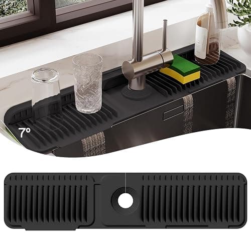 24 Inch Silicone Faucet Mat for Kitchen Sink Splash Guard – 2025 Upgraded Draining Mat with Water Tray Behind Faucet – Countertop Protectors to Catch Spills (Black, 24" x 5.5" ) - Image 1