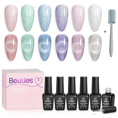 Beetles Cat Eye Gel Nail Polish, 6 Colors Glitter Gel Polish Kit Silver Pink Blue Purple Red Green Velvet Set with Magnet Soak Off UV French Nail Art Romantic Galaxy Series Gift for Women - Image 1