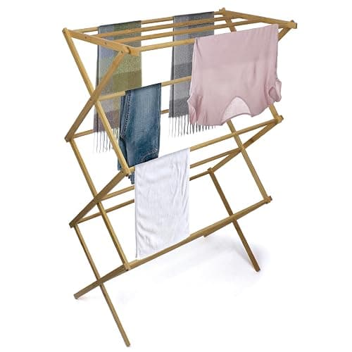 BROOKSTONE, Eco-Friendly Bamboo Drying Rack, Collapsible Laundry Clothes Hanger, 10 Hanging Bars, Minimalist Space Saving Design - Image 1