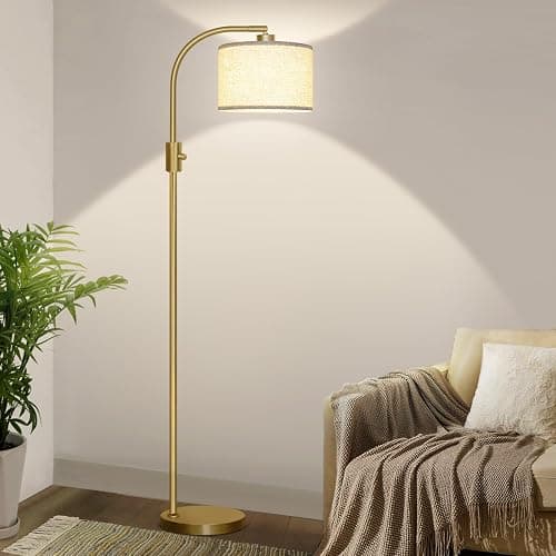 Nintiue Upgraded Modern Arc Dimmable Tall Standing Floor Lamp with Linen Shade, 1200 Lumens LED Bulb Included, for Living & Reading Room, Bedroom, Office & Nursery, Gold - Image 1