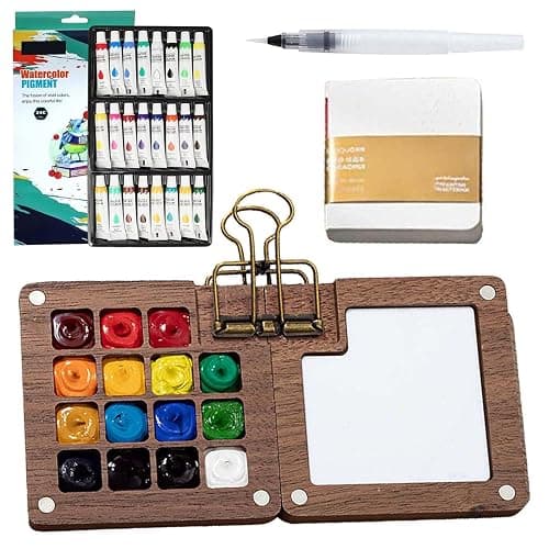 Mini Watercolor Travel Set, 2025 New Watercolor Kit, 24 Color Pocket Artist Watercolor Travel Set with, Wooden Grid Paint Box for Painters Artists and Students (Walnut -15 Grids) - Image 1