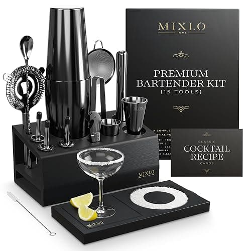 MIXLO HOME Mixology Bartender Kit - 15Pcs Bar Set Cocktail Shaker Set w Black Bar Cart Accessories Stand - Shakers Bartending Gun Metal Black Tools, 24oz Shaker, 17 Recipe Cards, Martini Barware - Image 1