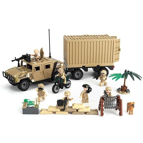 Yanscian Military Vehicle Building Blocks Sets with 7 Minifigures Army Vehicle Truck Hummer with Armory Trailer Container Building Kit Car Building Toys Gift for Boys Adult. - Image 1