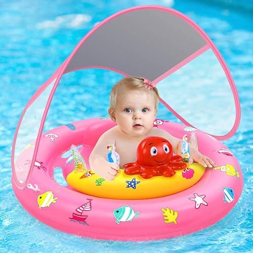 Baby Pool Float with Canopy, Inflatable Baby Swim Float with UPF50+ Sun Protection, Toddler Infant Pool Float with Toy Play Console Adjustable Safety Seat for Kids Girls Boys Aged 6-36 Months - Image 1
