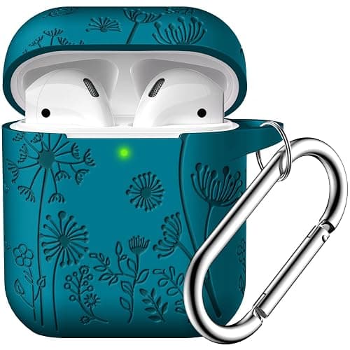 Lerobo Flower Engraved Case for AirPods Case Cover, Stylish Soft Silicone Protector with Keychain, Compatible with Apple AirPods 1st/2nd Generation Charging Case, Front LED Visible, Verdant Blue - Image 1