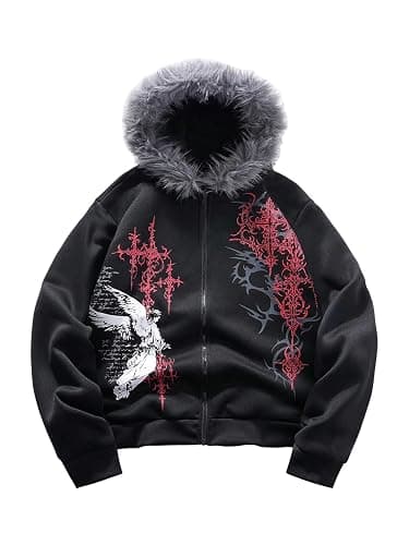 SOLY HUX Men's Y2K Grunge Zip Up Gothic Hoodie with Fur Hood | Gothic Hoodie, Y2K Grunge Fur Jacket, Oversized Winter Fall Streetwear Outfits - Image 1