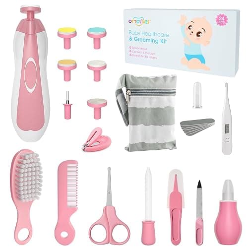 OTTOLIVES Baby Healthcare and Grooming Kit, 24 in 1 Baby Electric Nail Trimmer Set Newborn Nursery Health Care Set for Newborn Infant Toddlers Baby Boys Girls Kids Haircut Tools (0-3 Years+) (Pink) - Image 1