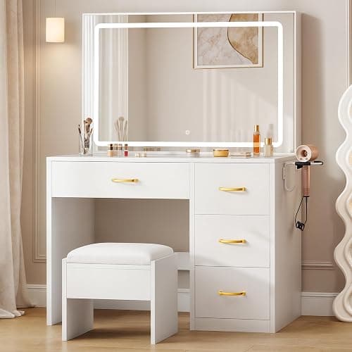 YITAHOME Vanity Desk Set with Large 35" LED Mirror and Lights, Makeup Table with 4 Drawers & Stool, 2 AC Outlets and 2 USB Ports, Adjustable Lighting, Modern Ample Storage Dressing Table, White - Image 1