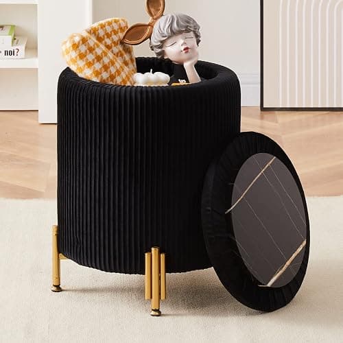 Mxfurhawa Round Ottoman Foot Stool with Storage and Metal Legs for Living Room Bedroom, Velvet Upholstered Footrest Stool Support 300lbs Modern Padded Seat Ottoman Coffee Table (Black) - Image 1