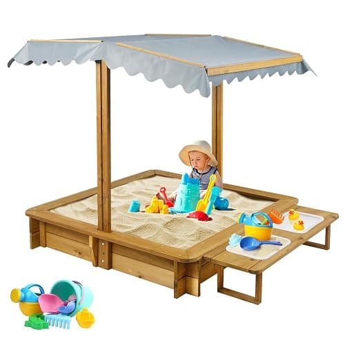 PetsCosset Sandbox with Cover, Sand Box with 2 Toy Bins, 4 Reinforced Benches, UV-Resistant & Adjustable Roof, Bottom Liner, Wooden Sandbox with Lid for Kids Outdoor, Gift for Ages 2-8, 45x45 Inches - Image 1