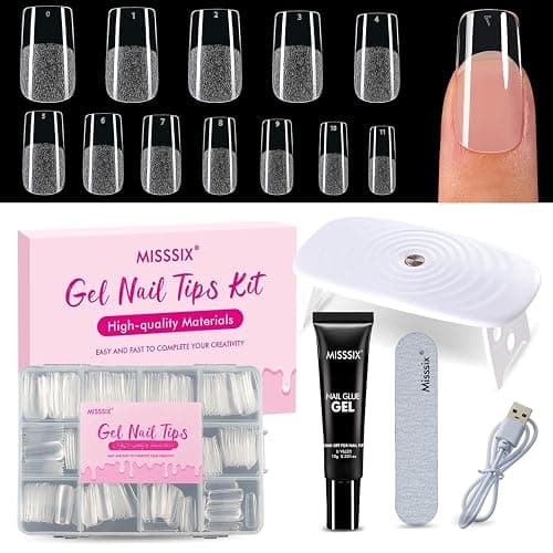 Misssix Medium Square Gel x Nail Tips Kit, 216Pcs Pre Etched Clear Nail Tip | Full Cover False Nail 9-in-1 Gel Glue and Portable Mini U V Nail Lamp for Women 12 Sizes - Image 1
