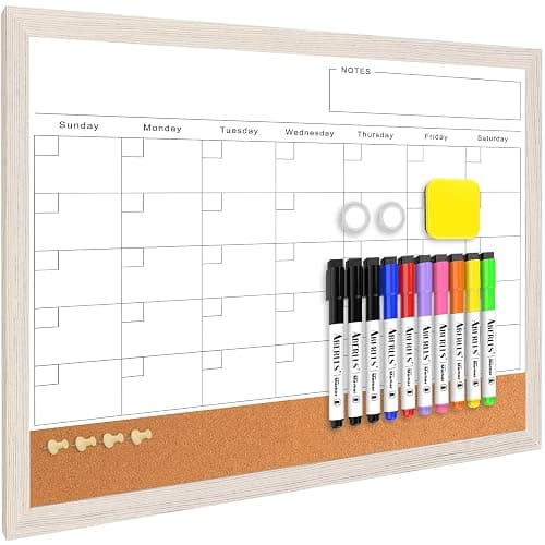 Monthly Whiteboard Calendar & Corkboard for Wall, Magnetic 17"x13" Dry Erase Board with White Wood Framed, 2in1 White Board Cork Board Combo, Calendar Bulletin Board for Kitchen Planner Memo Office - Image 1