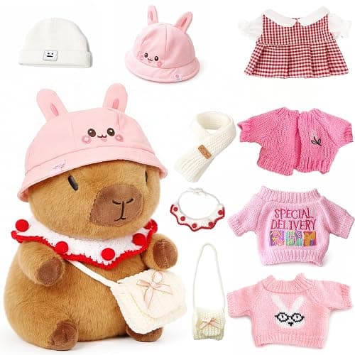 TITQWOP 10.2" Brown Capybara Plush Toy with 9 Clothes and Accessories Super Soft Capybara Stuffed Animal for Kids Girls Boys (Pink Capybara) - Image 1