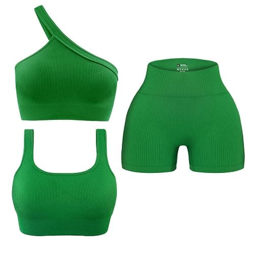 OLCHEE Womens 3 Piece Workout Sets - Seamless Ribbed Yoga Outfits Sports Bra One Shoulder Top Biker Shorts Gym Athletic Cloth - Image 1