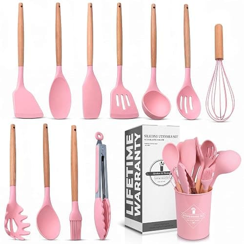 Kitchen Utensils Set with Holder for Nonstick Cookware - 12 Pcs Pink Silicone Cooking Utensils Set, Kitchen Tools for Daily Cooking - Wooden Handle Cooking Tools for Baking Serving and Mixing Tasks - Image 1