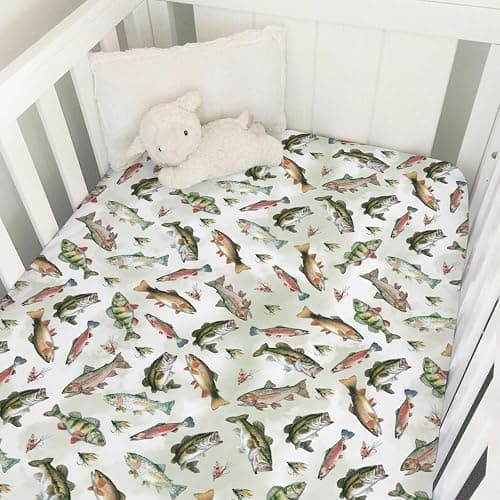 Neutral Fishing Baby Crib Sheets for Boys Vintage Bass Fishes Trout Soft Snug Fitted Crib Mattress Covers for 52''x28'' Standard Crib & Toddler Bed Mattress Outdoor Fishing Lovers Gift Baby Sheets - Image 1