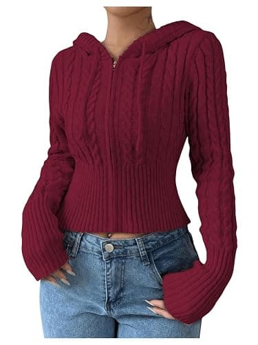 SOLY HUX Women's Crop Cardigan Sweater Cable Knit Zip Up Hoodies Long Sleeve Fall Jacket Y2k Outerwear - Image 1