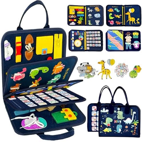 Qizfun Montessori Busy Board & Busy Book for Toddlers – Keeps Toddlers Busy & Learning, Sensory Travel Toy for Airplane & Car, Screen-Free Montessori Gift for Toddler Boys & Girls (Blue/P8) - Image 1