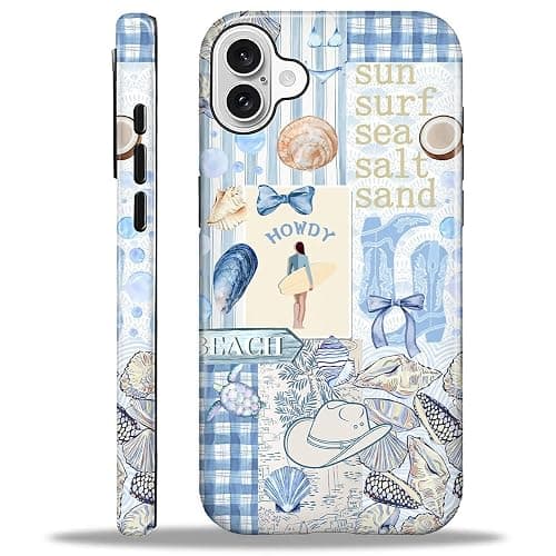 (I REALLY WANT THIS ONE) Toulas Case for iPhone 16,Scratch Resistant Hybrid Double Layer Hard Shell,Blue Coquette Summer Beach Cowgirl Collage - Image 1