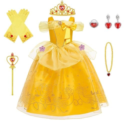 BSBUY Déguisement de Princesse Belle, Fille Robe de Princesse Belle avec Accessoires, Robe de La Belle et La Bête Enfant, Princesse Costume Enfant pour Anniversaire Fête Partie Carnaval Cosplay - Image 1