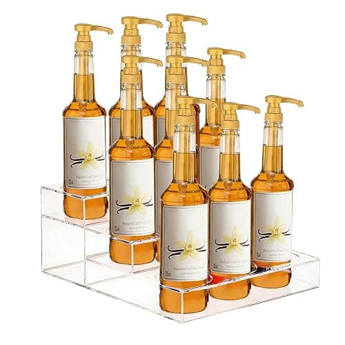 Frcctre 3 Tier Acrylic Coffee Syrup Organizer Rack, 9 Bottles Wine Rack Syrup Bottle Holder Countertop Tiered Storage Stand Shelf for Coffee Bar Kitchen Syrup Wine Dressing - Image 1