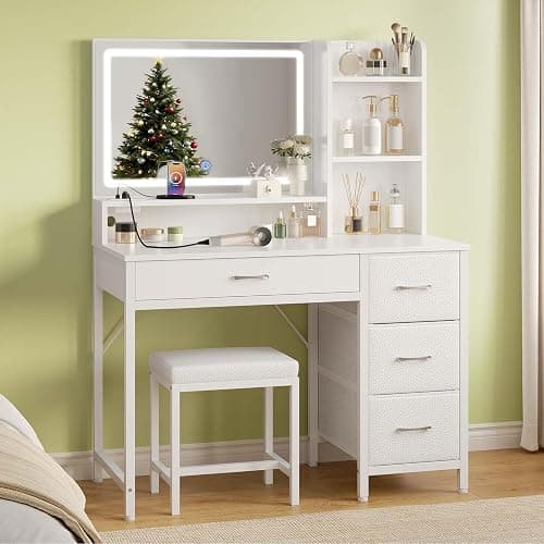 Greenstell Vanity Desk with Mirror and Lights, Makeup Table with Upholstered Stool, Power Outlets, 4 Drawers for Bedroom White - Image 1