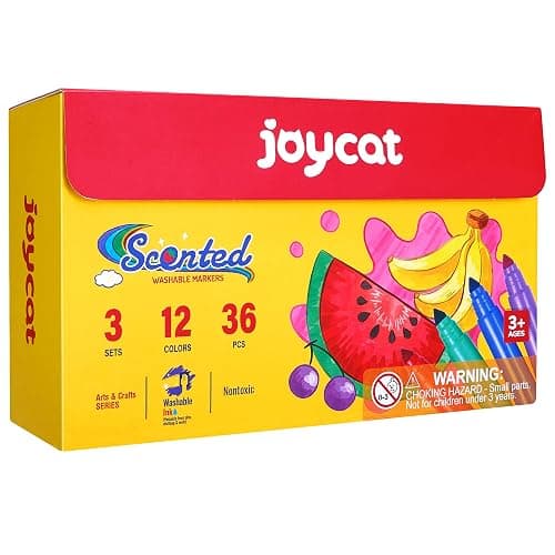 JoyCat 36 Count Scented Washable Markers Bulk, 12 Vibrant Colors (3 of Each) with Fun Fruit Scents, Broad Line Conical Tip Art Supplies, Non-Toxic Classroom Pack for Kids & Toddlers - Image 1