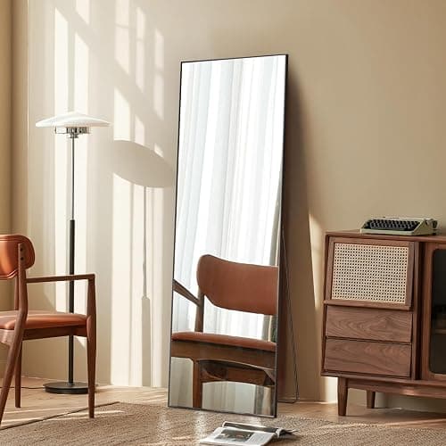 NEWBULIG Full Length Mirror 64.2"x 21" for Bedroom, Full Body Mirror with Stand, Hanging or Leaning for Wall, Aluminum Alloy Thin Frame Floor Standing for Living Room, Long, Black - Image 1