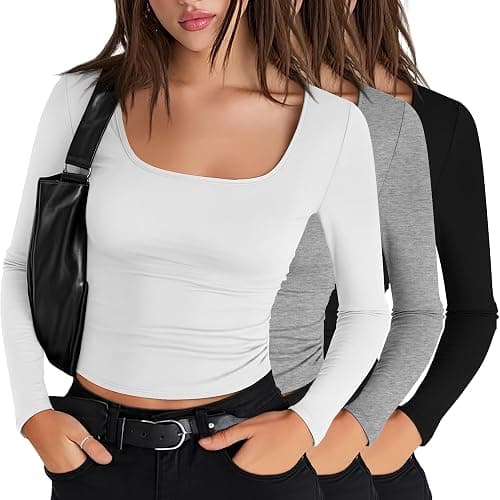 Riyiper 3 Pack Women's Long Sleeve Crop Tops, Square Neck Workout Shirts Tees Going Out Y2k Tops Basic Slim Fitted Base Layer - Image 1