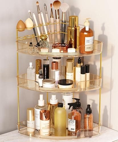 FELIZHOUSE 3-Tier Corner Bathroom Counter Organizer, Bathroom Countertop Shelf Makeup & Skincare Storage with Brush Holder for Vanity, Dresser, Kitchen - Amber - Image 1