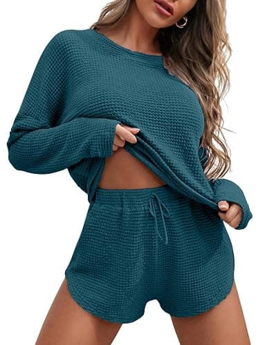 Ekouaer Womens Waffle Knit Pajama Sets Long Sleeve Top and Shorts Matching Lounge Set Loungewear Sweatsuit with Pockets - Image 1