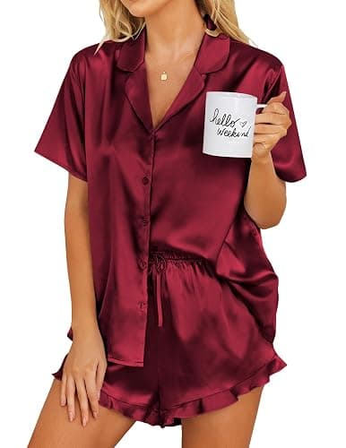 Ekouaer Womens Satin Pajamas Set Button Down 2 Piece Silk Pjs Shorts Set Ruffle Lingerie Notch Collar Sleepwear - Image 1