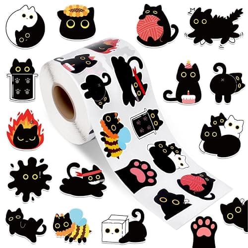 1000Pcs Black Cat Stickers Rolls -16 Patterns Cute Cartoon Cat Stickers, Black Cat Gifts for Adults Kids, Teacher Reward Decals for Water Bottles Laptop Scrapbook - Image 1