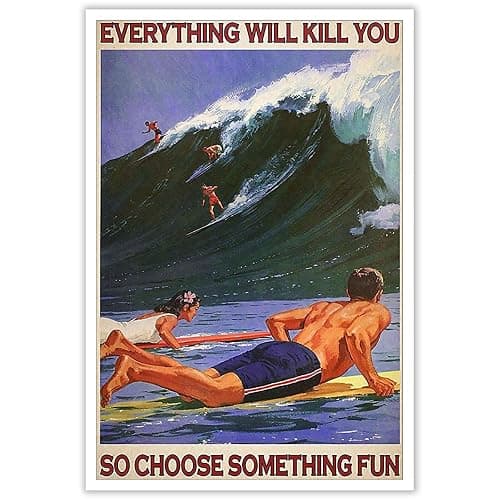 Enveable Retro Hawaii Surfing Fun Poster Summer Tropical Beach Hawaiian Island Beach Art Blue Ocean Wave Surfer Water Sport Surfboard Prints For Home Bedroom Dorm Bathroom Wall Decor 12x16in Unframed - Image 1