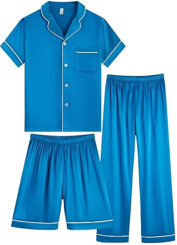 OEIU Girls Boys Silky Satin Pajamas Set 3 Pcs for Kid Children Silk pjs Set Sleepwear Button-up Nightwear - Image 1