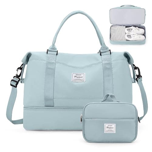 Weekender Bags for Women,Personal Item Travel Bag with Shoes Compartment,Overnight Travel Duffel Bag with Toiletry Bag - Large - Light Blue - Image 1