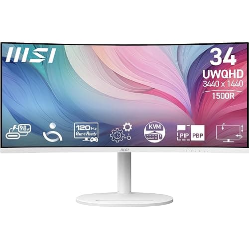 MSI Modern MD342CQPW 34in VA 3440 x 1440(UWQHD) Computer Monitor, 120Hz, 1800 Curved, Adaptive-Sync, HDMI, DP, USBC 98W Power Delivery, KVM, Height Adjustable, VESA, Speaker, 1ms, White - Image 1