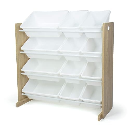 Humble Crew Kids Toy Storage Organizer with 12 Plastic Bins, Natural Wood/White – Removable Bins for Playroom, Bedroom, Toddler Furniture for Boys and Girls Ages - Image 1